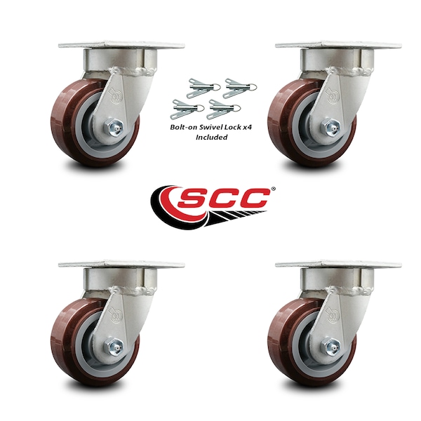 4 Inch Kingpinless Poly on Polyolefin Wheel Swivel Caster Set with Swivel Lock